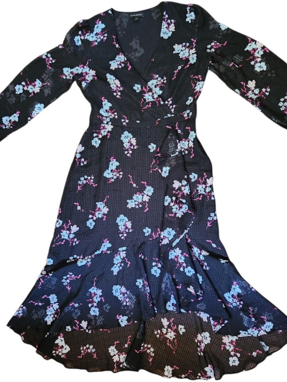 BANANA REPUBLIC Floral Print High Low Faux Wrap Midi Dress - Size 12 - Picture 11 of 16